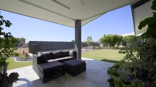 Outdoor entertainment area, marble tiles luxurious contemporary outdoor swimming pool in ground, cle