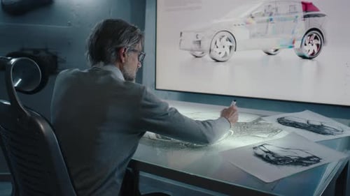 Un designer automobile dessine un prototype de voiture avec affichage numérique, table à écran tactile