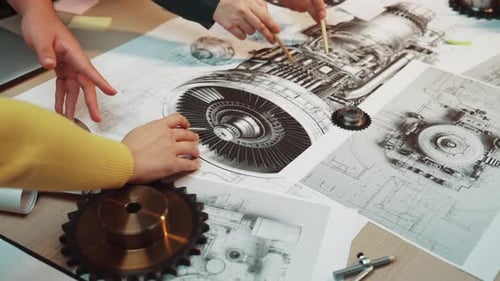 Engineers Reviewing Jet Engine Design Schematics at Workplace