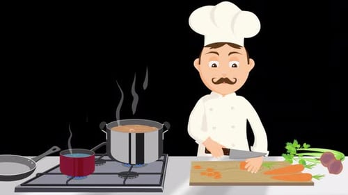 Cartoon Chef Chopping Carrots in a Flat Design Kitchen