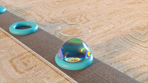 Ein holographisches Ei reist in ruhiger Atmosphäre durch eine strukturierte Landschaft, die durch weiche Torusformen akzentuiert wird