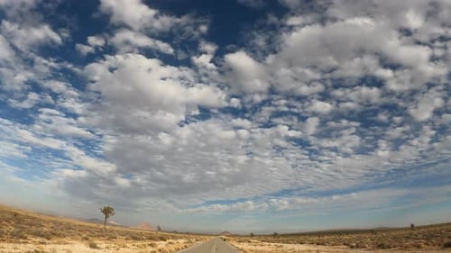 Driving along a road straight through the Mojave Desert toward the distant mountains - point of view