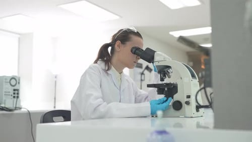 Focused Woman Scientist Using Microscope in Modern Laboratory