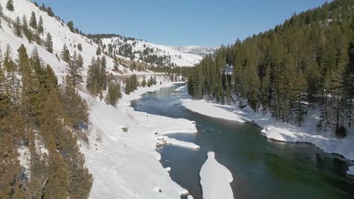 Flying in Jackson Canyon in Wyoming during winter over the Snake River