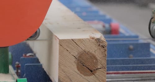 Work of the sawmill in close-up. Process of machining logs in equipment sawmill machine saw saws the