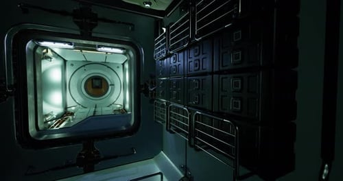 Intérieur d'un module spatial avec espace de rangement et portail d'observation nocturne