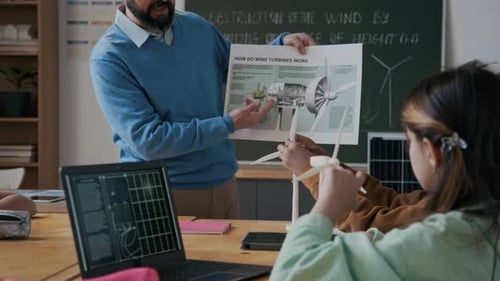 Male Science Teacher Showing Wind Turbine Diagram to Students in Class