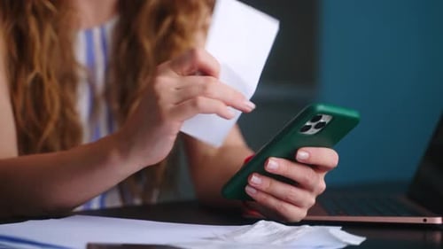 Closeup Woman Calculates Expenses on Bills Increased Utilities Prices List Female Bookkeeping Income