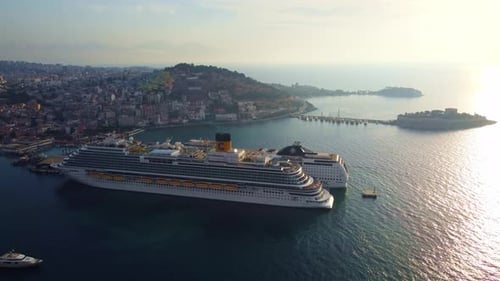 Top View Tourist Liner Ferry Moored in a Fabulous Resort Town with Access to the Sea and Islands