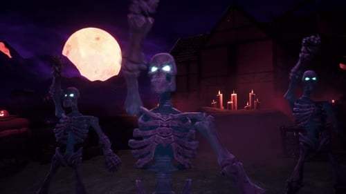 Stylized Halloween Horror Scene: Spooky Skeletons Dancing in Haunted Graveyard