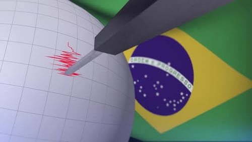 Flagge Brasiliens mit Erdbebenwarnung, Stoßwellen-Seismographen-Linienanimation