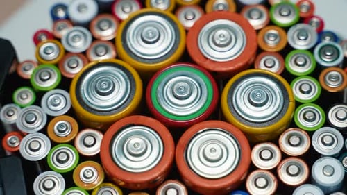 Different Battery Types Rotate in a Circle Old Used Batteries