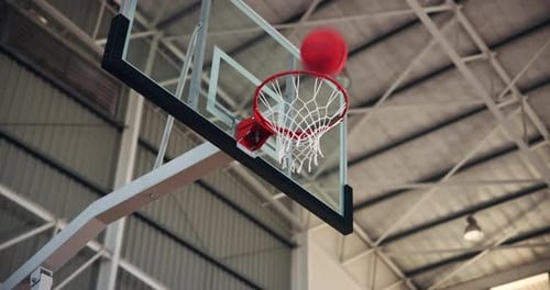 Basketball, shot and score in net, hoop and competition in campus court