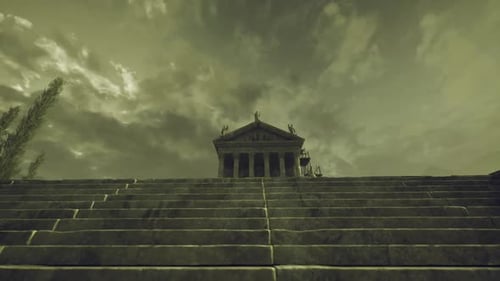Figure de temple classique sinistre sur un horizon verdâtre turbulent