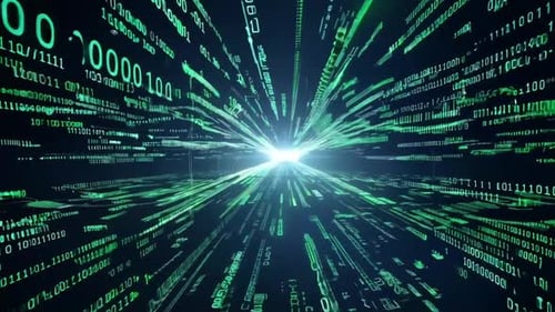 Código binario con círculo poligonal que conecta puntos y líneas