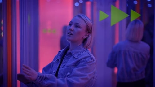Woman in Neonlit Room with Green Arrows Reflective Mirrors and Futuristic Atmosphere