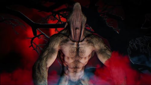 Looping Ferocious Werewolf Creature Snarling in Dark Forest Halloween Animation