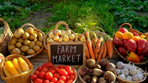 Vegetables and Fruits Against the Background of a Farmers Market Selective Focus Food