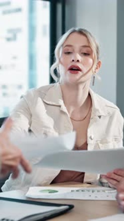 Meeting, employee and woman with documents, boardroom and people with charts