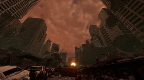 Soldier in Apocalyptic Wasteland Red Dystopian Sky