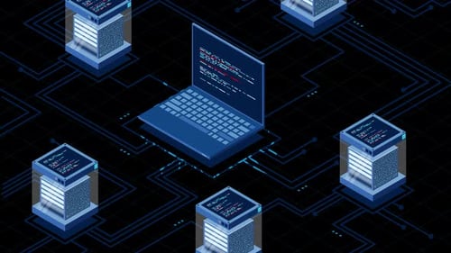 Animation isométrique abstraite de haute technologie. Illustration isométrique du stockage dans le cloud. Grand centre de données