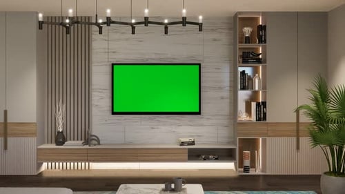 3d render. TV area in the studio apartment in a modern minimalistic style. Green TV screen.