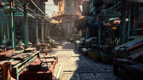 Serene Morning Scene Showcasing Traditional Store Fronts and Textured Surfaces