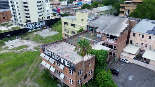 Drone aerial of abandoned derelict building haunted structure urban exploration block Gossy Good Tim