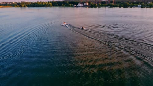 Motor ship sails on river.. High speed boat moving on lake