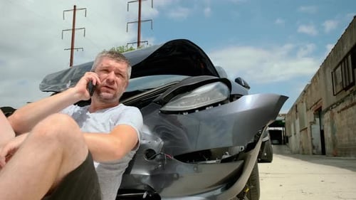 Man on Phone Next to Damaged Car