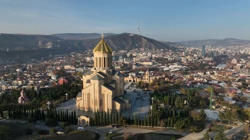 Drone view of Tbilisi city center featuring the Sameba Holy Trinity Cathedral, Georgia.