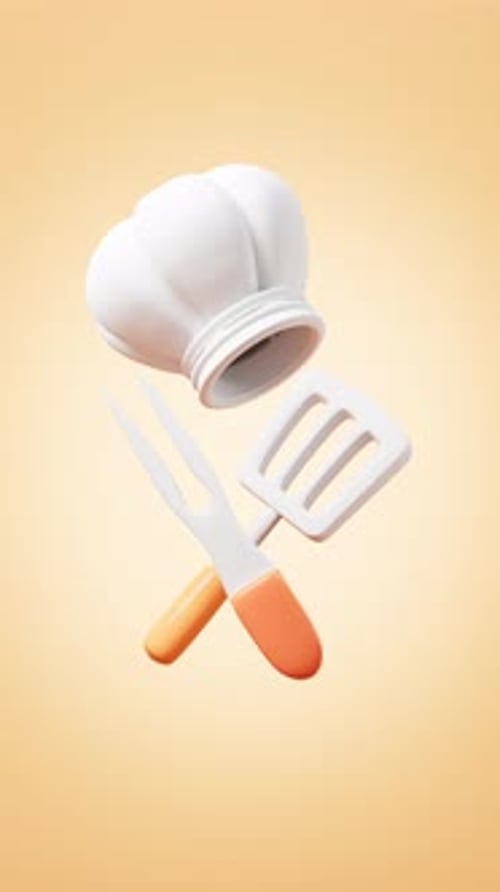 Animated 3D Chef Hat with Spatula and Fork Cooking Utensils