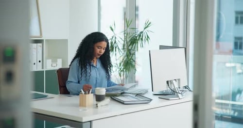 Documents, reading and business woman in office for finance report, online proposal and research