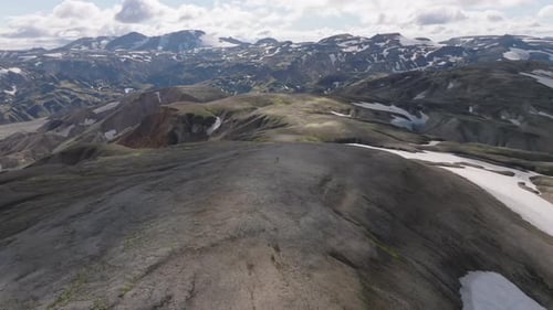 Aerial view, Tungnaa braided river, rhyolite mountains partially covered with snow, Landmannalaugar