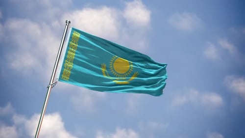 Kazakhstan National Flag Waving in Blue Sky