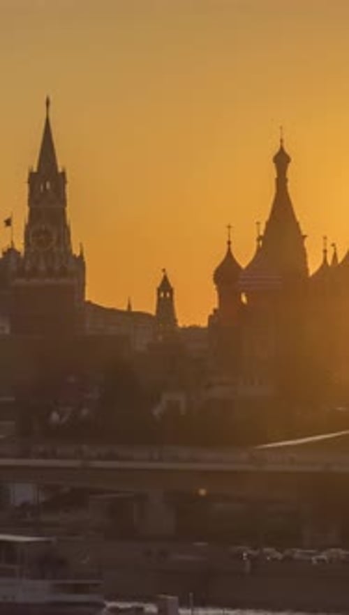 Moscow Kremlin Saint Basil Cathedral and Zaryadye Park with Floating Bridge at Sunny Evening