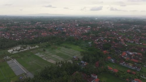 Aerial view of Ubud city with rice fields, Bali.