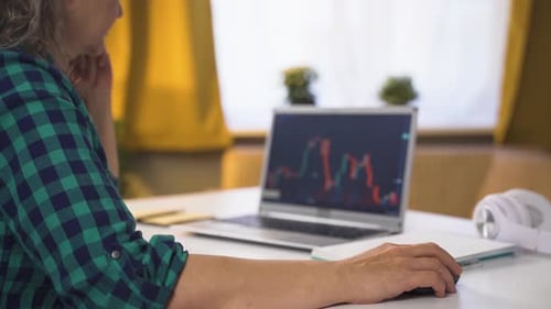 Investor looking at the stock market chart. She claps when she wins.