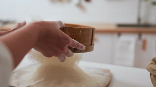 Preparing Dough, Professional Chef Quickly Sifting Flour With A Sieve Home Bakery Concept Young