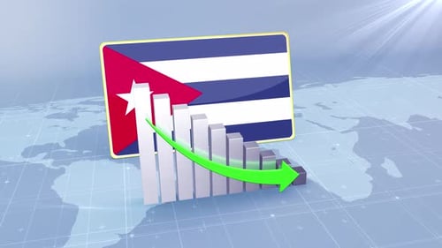 Cuba Flag With Decrease Bar Chart Graph And Arrow Green
