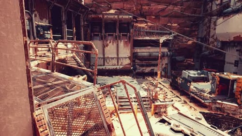A Dilapidated Building Covered in Rust and Debris