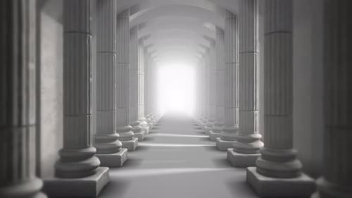 Moving Through a Majestic Columned Corridor Towards Brightness