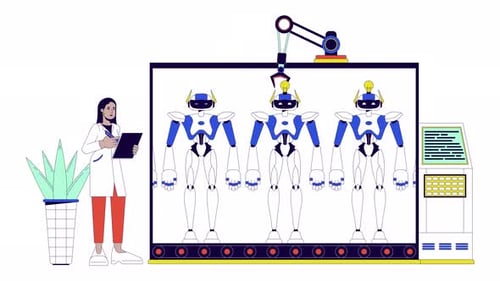 Robotic Assembly Line Animation with Scientist Overseeing Production