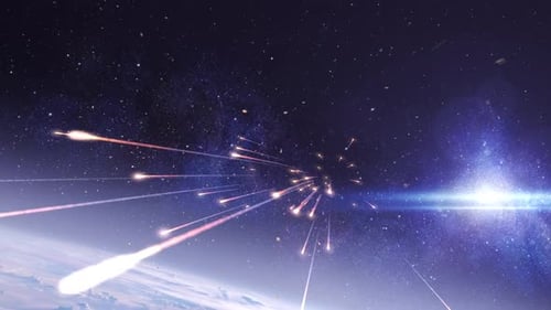 Meteor shower with rocks toward camera above earth atmosphere