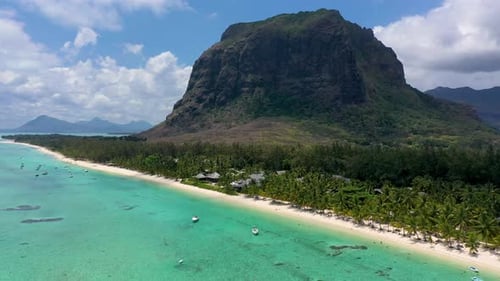Aerial view of Le morne Brabant in Mauriutius. Tropical crystal ocean with Le Morne mountain and lux