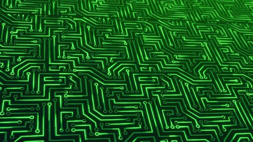 Seamless Loop of Green Glowing Digital Circuit Board