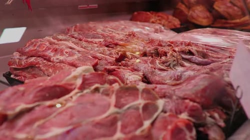 Raw lamb meat freshly brought to market for sale in store.