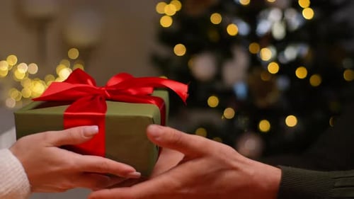 Woman Giving Man Christmas Present Close Up