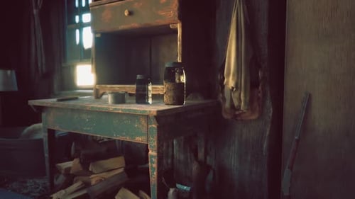 Rustic Cabin Interior with Natural Light and Old Wooden Furniture