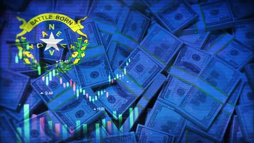 Nevada Flag On Economic Background With Decrease Bar Chart Graph And Arrow